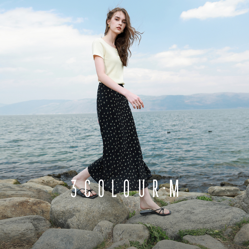 3色2025年夏の新作花柄スカートシフォンプリントAラインスカートウエストゴムフィッシュテールスカートロングスカート女性M