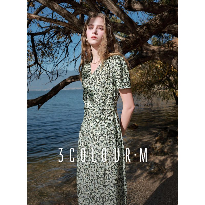 3色2025春夏新作Vネック花柄ティーブレイク半袖シフォンワンピースホリデーフレンチロングスカート女性M