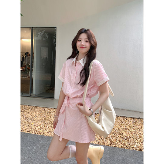 Even Yiwen Berry Peach Taotao Korean high-intellectual daily versatile commuter pink striped waist shirt dress
