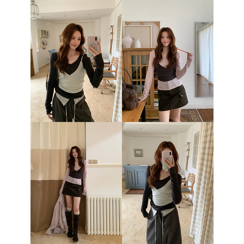 Even Yiwen [Strap Whisper] Korean Style Real Two-Piece Layered Top with Contrasting Color Cross Straps Two-Piece Set for Autumn