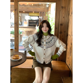 Even yiwen cedar tata korean style gaozhi autumn and winter jacquard round neck gentle retro soft waxy cardigan sweater
