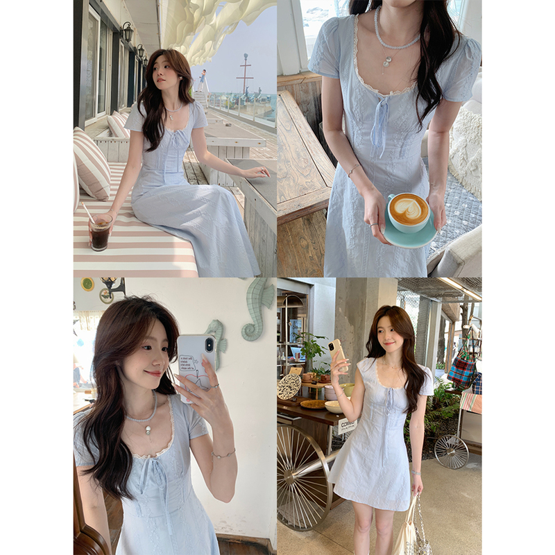 Even Yiwen【Soft Blue Water】Korean Style High-Fashion Lace Patchwork Faux Two-Piece Waist-Cinching Short-Sleeve Dress