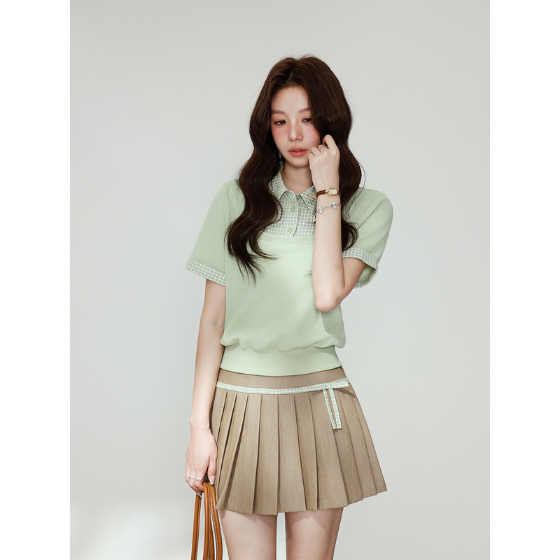 Even Yiwen [Spring Matcha] Korean-Style High-Fashion Two-Piece Look Top, Preppy Style Color-Blocked Knitted Short-Sleeve Shirt