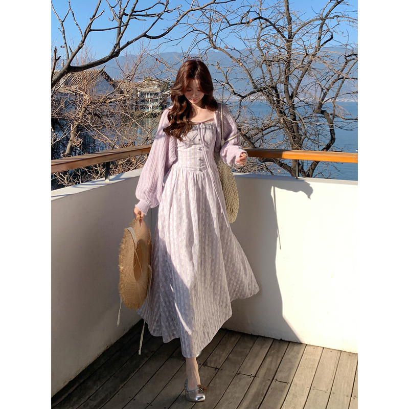 Even Yiwen【Daihua Mist】Korean Style High-End Holiday Gentle Floral Dress Purple Color-Enhancing Waist-Cinching Spaghetti Strap Long Dress