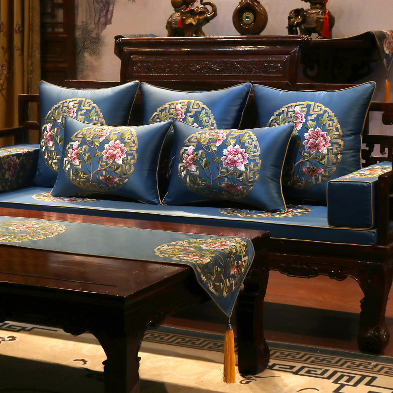 Mahogany sofa cushion new Chinese embroidery classical solid wood furniture cushion non-slip custom Luohan mattress five-piece set
