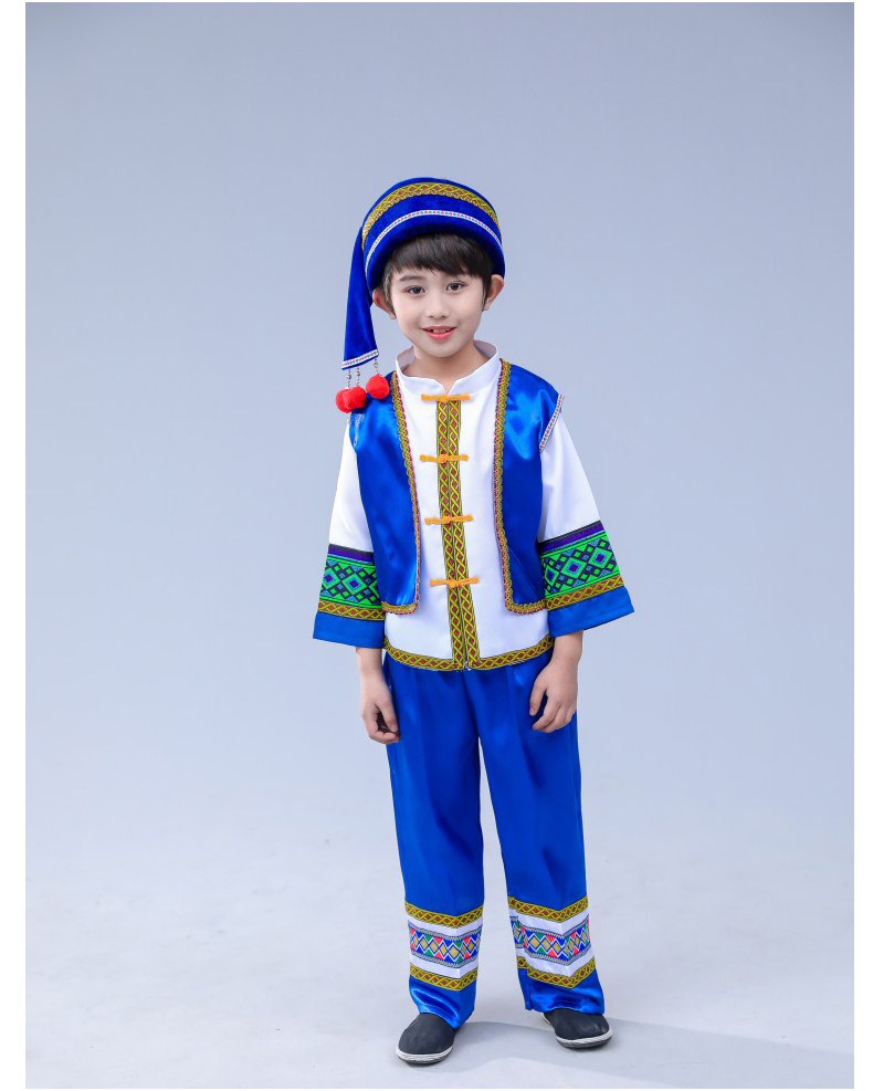 Quần áo biểu diễn cho trẻ em dân tộc thiểu số, bé trai, trang phục Miao, trang phục múa Zhuang, Dais, bầu bí, trang phục lụa đồng phục cảnh sát trẻ em