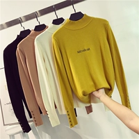 Áo len cổ cao đơn giản cho nữ mùa đông tay áo mới thêu chữ là áo len mỏng ấm áp áo khoác len nữ