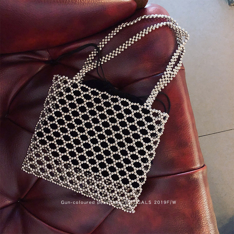 UGALS Retro Heavy Metal Hand Woven Hollowed-out Crystal Beads Pearls Bag Bag Single Shoulder Carry-on Satchel Bag