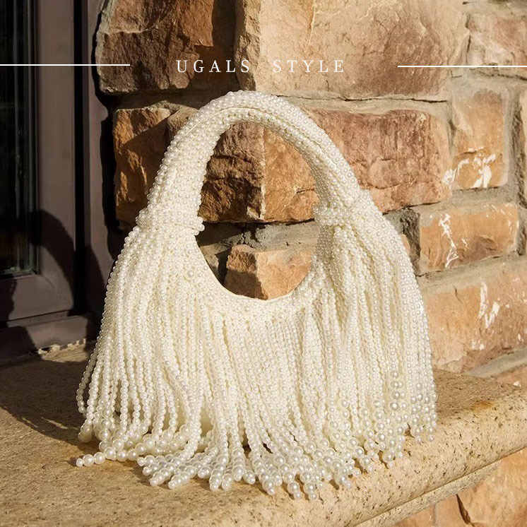 Ugals French Retro High-End Handmade Woven Pearl Tassel Dumpling Tote Party Clutch Bag