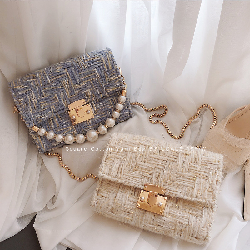 UGALS Elegant Hand-made Diy Material Packs Hand Mix Woven Cotton Thread Knit Bag Pearls Carry-on Satchel Bag