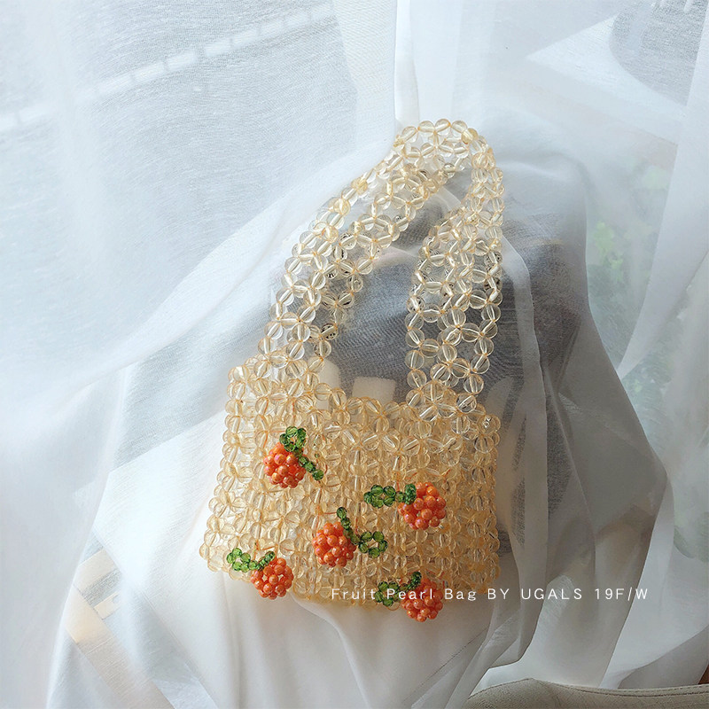 UGALS cherry diy material bag acrylic hand-woven beaded crystal pearl bag portable shoulder bag