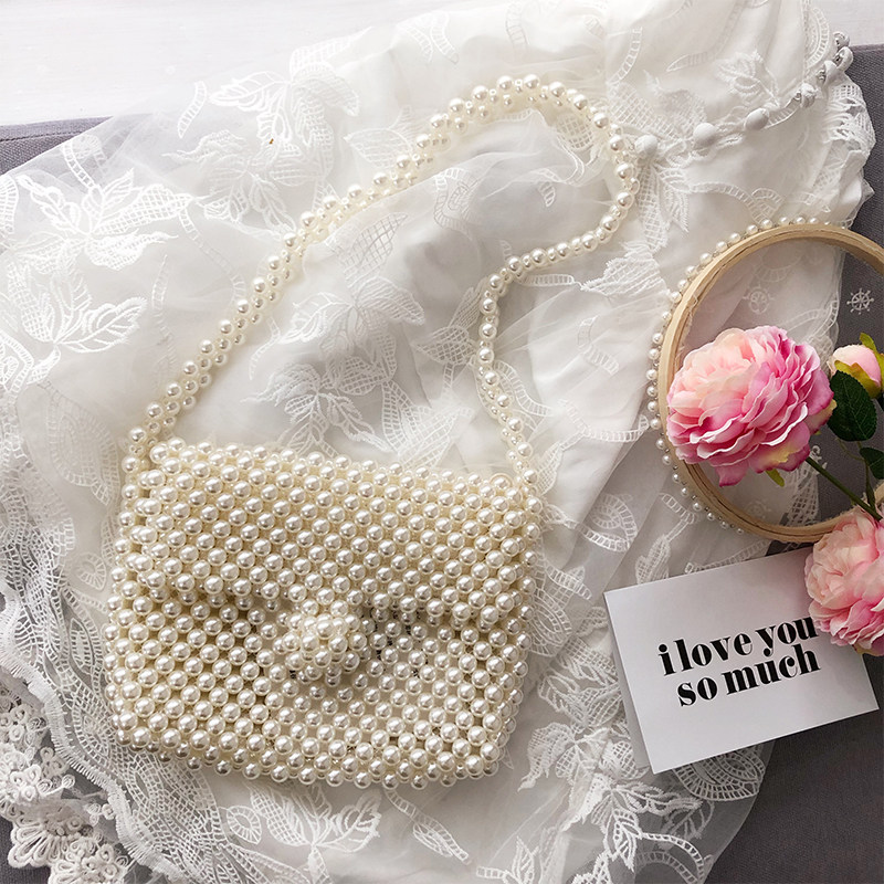 UGALS Retro Rework Nets Red Ins Handwoven String Beads Clamshell Lock Pearl Bag Single Shoulder Inclined Satchel Bag