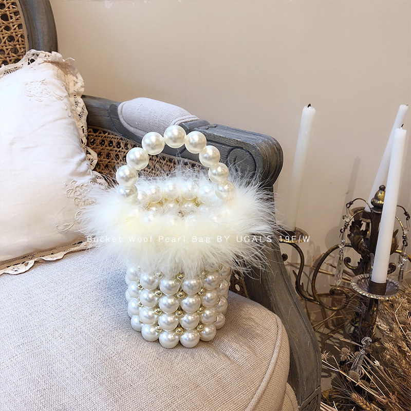 UGALS vintage socialite fairy handmade diy material bag Woven beaded pearl bag Fluffy bucket bag handbag