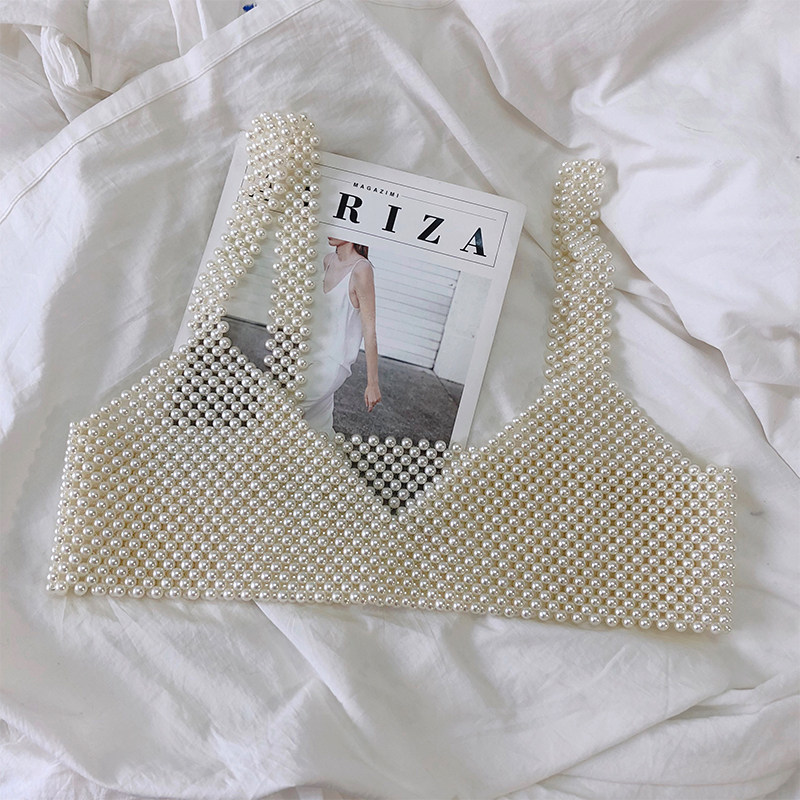 UGALS French heavy industry personality hand-woven beaded suspender vest top Pearl vest corset for women