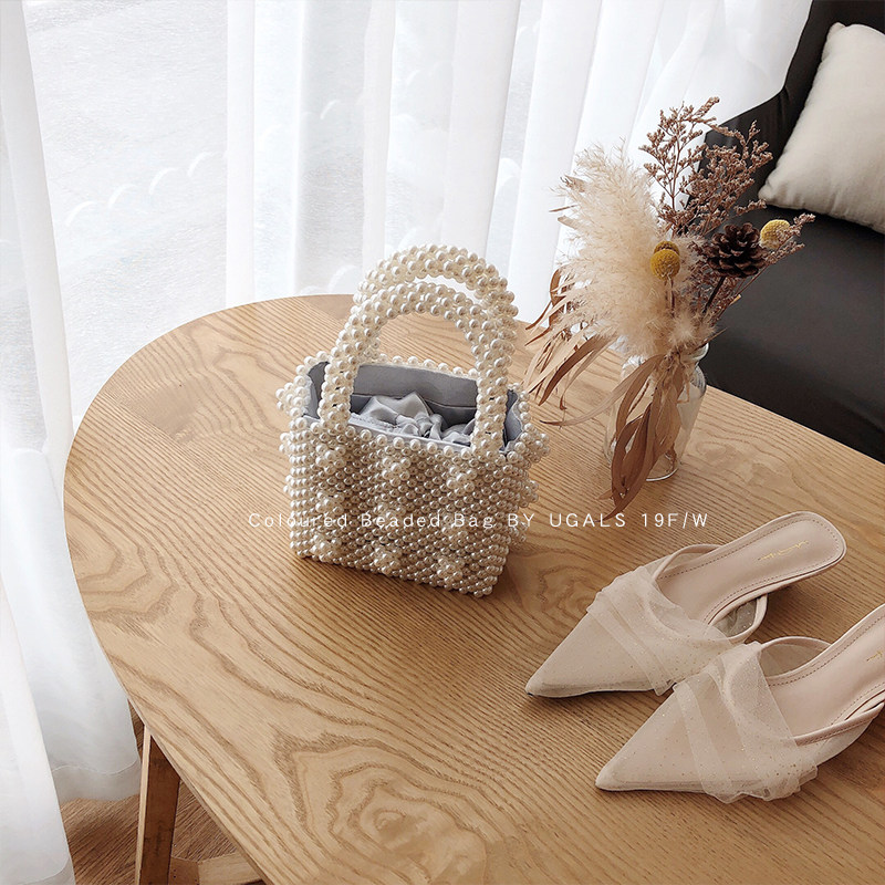 UGALS Mini Mesh Red Dinner Name Yuan Acrylic Beads Handwoven String Beads Pearl Packet Handbag