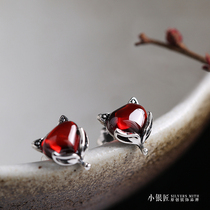 Small silversmith 925 sterling silver Little Fox earrings female summer red garnet zircon temperament small and exquisite earrings earrings