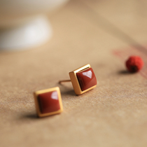 Small Silver Smith South Red Agate Pure Silver Ear Nail Woman Advanced Sensation Light Extravagant Red Ben Year Square Gold Earrings Earrings