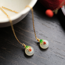 Small silver cobbler pure silver ancient method gold inlaid and field jade green buckle flow Suearline female retro-style earrings earrings earrings earrings