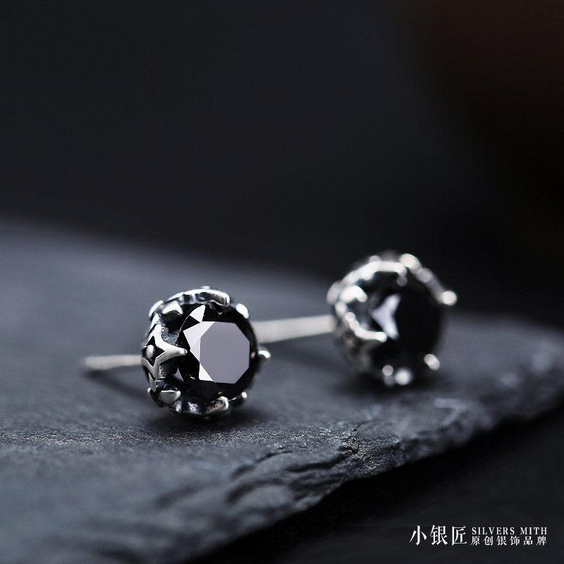 925 sterling silver earrings needle female natural black agate simple fashion retro temperament trendy men's personality earrings ear jewelry