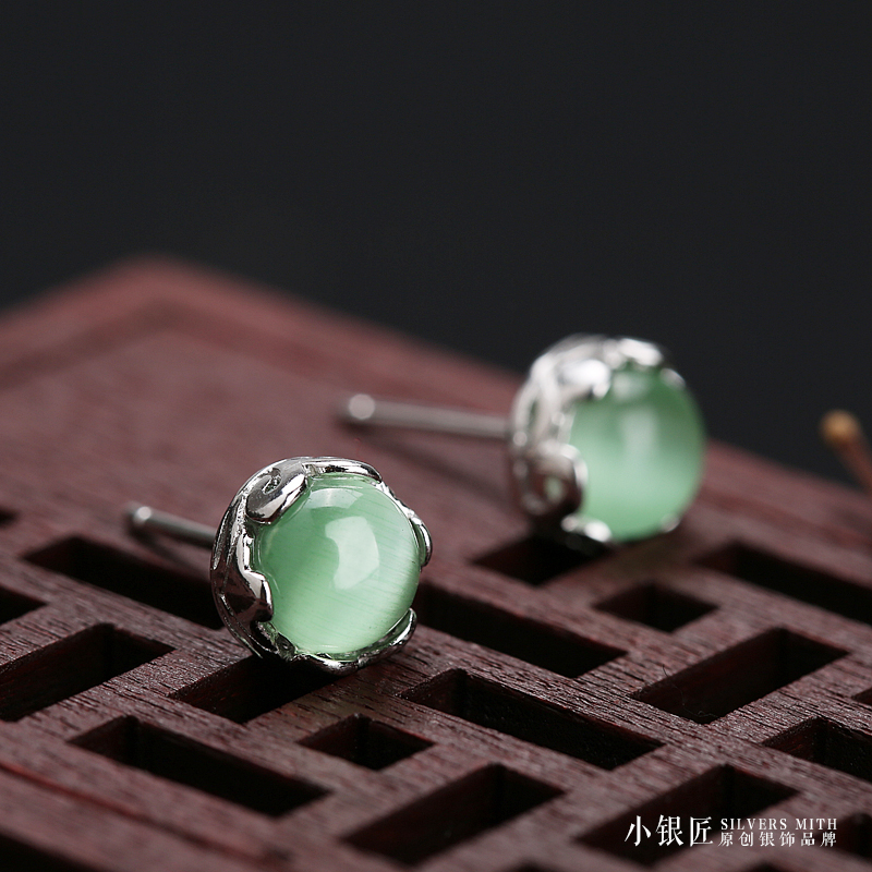 Summer Small Qing Yang Green Crystal Earring Earrings with Pure Silver Ear Round