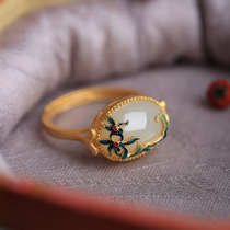The icing on the cake is pure silver ancient method gold inlaid and Tian jade advanced senses Chinese wind opening ring female light extravagant and small crowdsourced design