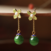 Small silversmith natural and Tian Yubi jade Chinese wind enamel four-leaf grass flowers pure silver earring with female summer ear pendant earrings