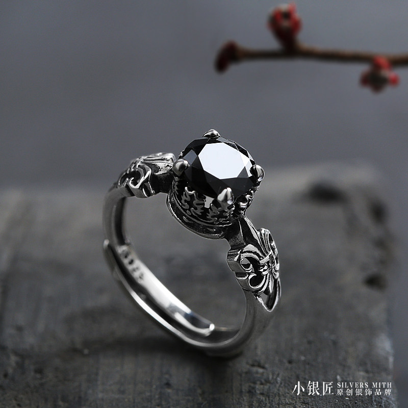 925 pure silver ring natural black agate crown opening ring men and women fashion boomers personality retro ring