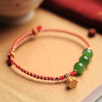 Small silversmith Lianpeng and Tian Yubi jade pure silver red rope bracelet female handmade weaving State of the year New Year gifts