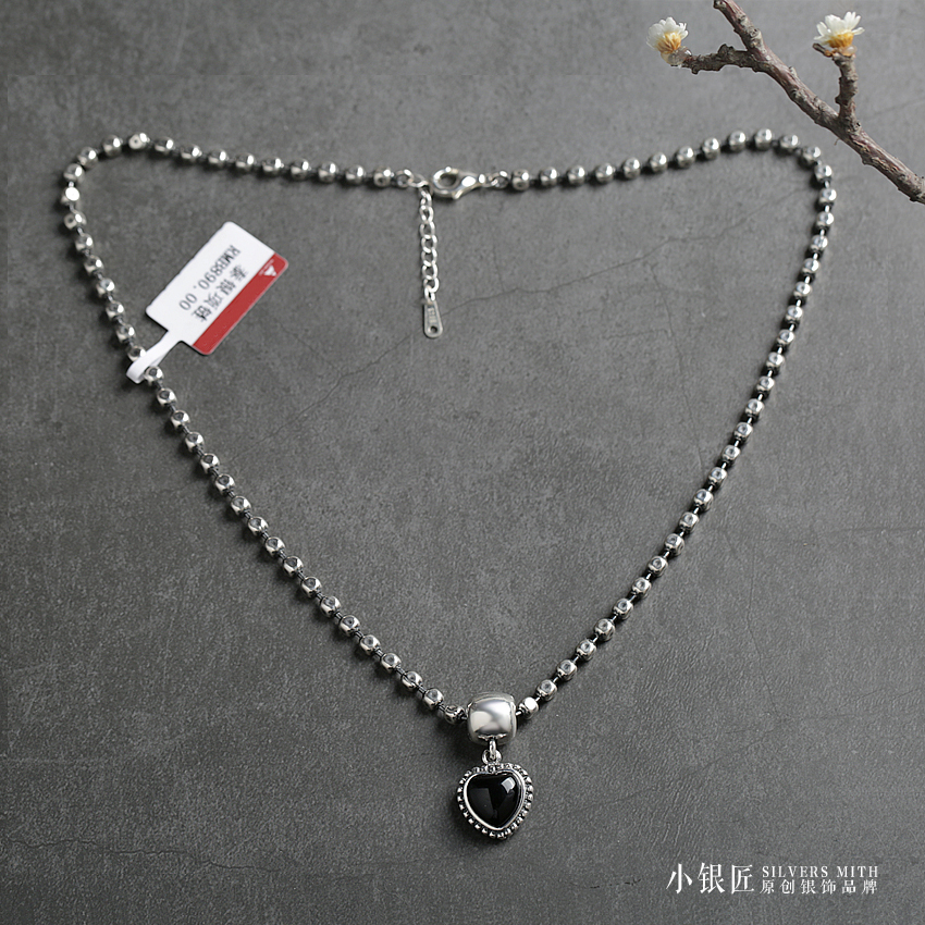 Small silversmith natural Black Manau 925 pure silver necklace female fine print to make old fashion Thai silver short Lock Bone Chain