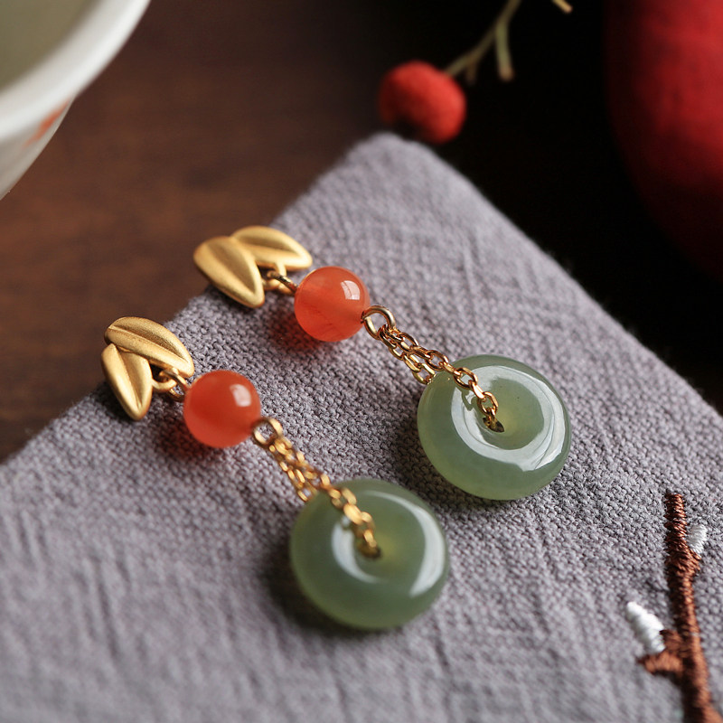 Small silversmith sterling silver ancient method gold Hetian jade safety buckle Chinese style retro temperament tassel earrings female earrings earrings