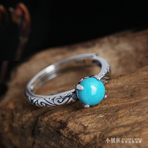 925 sterling silver ring female natural turquoise opening ring Thai silver hand-carved old vintage personality crystal
