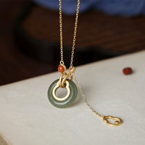 Small silver cobbler pure silver ancient method gold inlaid and field jade green buckle national tide jade hyacinth pendant female retro lock bone necklace