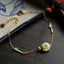 Small silver cobbler pure silver ancient method gold inlaid and field jade green buckle enamel fairy gas retro style light extravagant advanced sensation bracelet woman