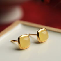 Small Silver Smith Pure Silver Gilded Honey Wax Amber Ear Nail Woman Temperament Superior Light Lavish Gold Square Earrings Earrings