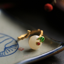 Small silver artisan pure silver ancient method gold inlaid and field jade enamel Pingan buckle retro opening ring female light extravagant and small crowdsourced design