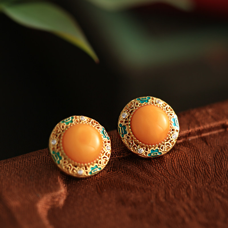 Natural Honey Wax Pure Silver 18k Bag Golden Safe Button Enamel Color Ear Nail Woman Chinese Style National Wind Gold Inlaid Jade Earrings-Taobao