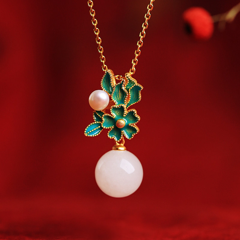 Small silversmith blossom and Tian Yuva jade pendant female trendy silver necklace female Xia Little Luxury