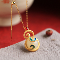 Small silversmith pure silver and field jade necklace female enamel Xiangyun gourd ancient wind lock bone chain jade pendant light and luxurious crowdsourced