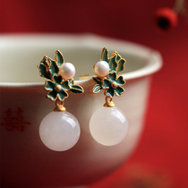 Small silver artisan pure silver and field jade enamel flower earrings female small crowdsourced design advanced senses light and luxurious earrings