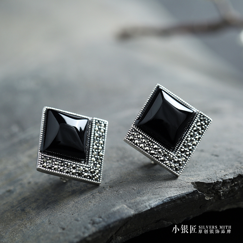 Pure Silver Ear Nail Female Black Agate High Level Sensual Design Sensation Temperament Atmospheric Square Rhombus Earrings Earrings Earrings