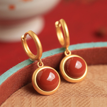 Small Silver Smith South Red Agate Pure Silver Earrings Woman Summer Advanced Sensation China Wind Red Ancient Wind Ear Pendant Earrings