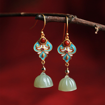 Small Silver Artisan Original Pure Silver Ancient Fart Gold and Tian Yulian Enamel Earrings Woman Palace Court Retro Temperament Ear Pendant Earrings