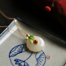 Small silver cobbler pure silver ancient method gold inlaid and field jade stone Chinese wind enamel Christmas safety buckle pendant female retro lock bone necklace