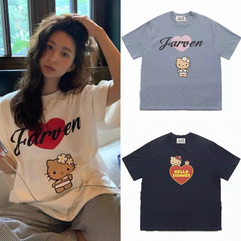 In Stock Farven Hello Kitty Collaboration Model Fever Same Style Cartoon Print Casual Short-Sleeve T-Shirt