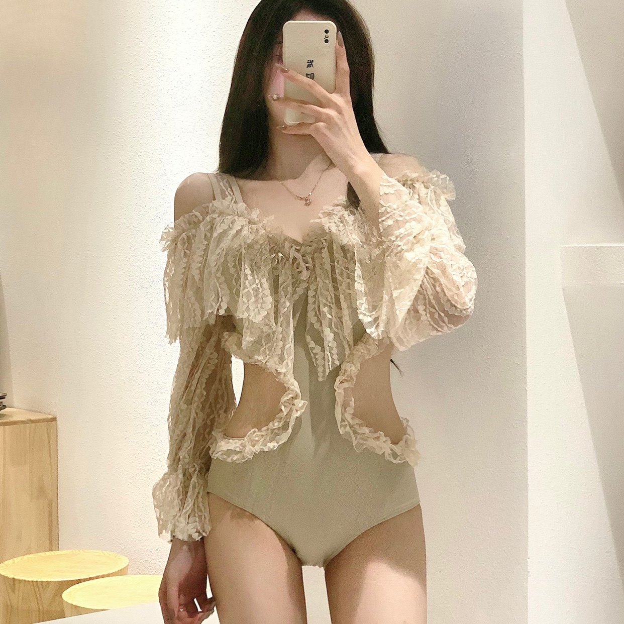 SWIMMING WARM Korean lace small chest sexy fairy long sleeves cover belly slim one-piece hot spring swimsuit for women