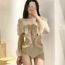  SWIMMING WARM Korean lace small chest sexy fairy long-sleeved belly cover thin one-piece hot spring swimsuit female