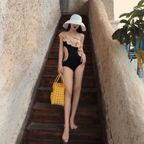  SWIMMING WARM ELEGANT ruffle oblique shoulder sexy small chest steel support thin one-piece beach swimsuit female