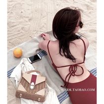  SWIMMING WARM sexy retro wine red halter straps show thin chest triangle one-piece SWIMSUIT WOMEN
