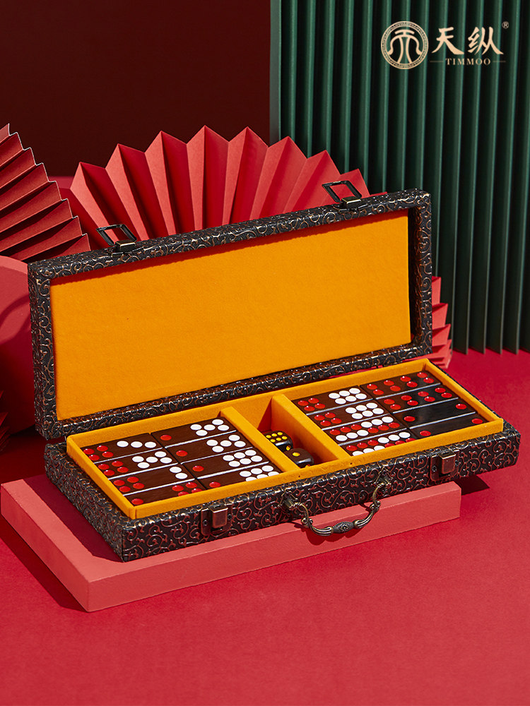 Tianzong Mahogany Laos big red acid branch Pai Gow brand Ebony Dominoes Tianjiu wood carving business gift box Chess card