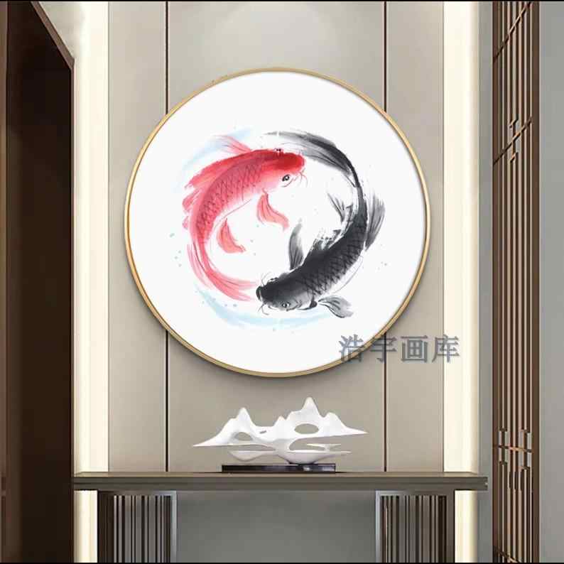 中国古美術・荷花鯉鱼図三尺画芯・啓功印款・水墨画・純手描き